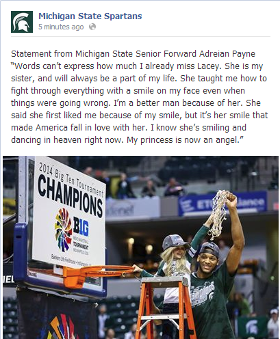 SportsCenter's tweet photo. Michigan State's Adreian Payne says goodbye to Lacey Holsworth:
"My princess is now an angel" (via MSU's Facebook) http://t.co/kWPV2wsVrS