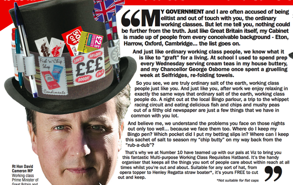 vizcomic's tweet photo. Free in the new @vizcomic (out now) a David Cameron Working Class Requisites Hatband for every reader. http://t.co/SCV1TUh1LH