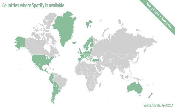 mappetize's tweet photo. Map of the day #10: The 50 countries where @Spotify is available today. #music http://t.co/Rh9A5VwsVG