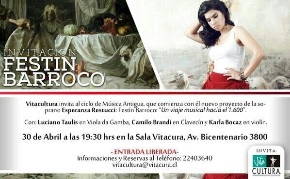 Espe_Restucci's tweet photo. Los invito a ver Festín Barroco, un show en vivo que incluye la obra de @glorcagarcia. Gratis!! @recitalcl http://t.co/uzZfAMt1oA