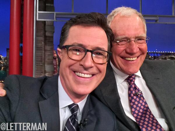 Letterman's tweet image. Tonight, Dave welcomes the new guy, Stephen Colbert (@StephenAtHome)! bit.ly/1pp0zT7 #LSDL