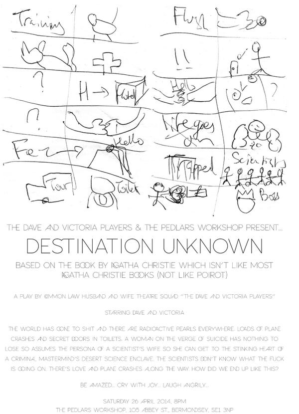 Hold on to your hats, only 5 days until the 2 man show of Destination Unknown is performed here. Sat8pm <a href="/LBPedlar/">little bread pedlar</a>