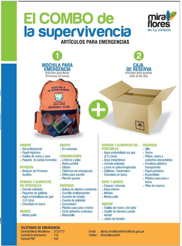 miraflores24h's tweet photo. Tenga siempre a la mano la Mochila para Emergencia y la Caja de Reserva http://t.co/h4ORNfYGZQ