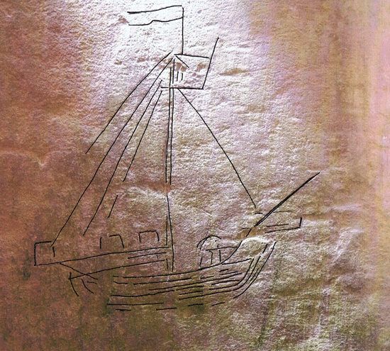 #shipgraffiti And a nice late medieval example from Cley, Nfk. Single masted. Rigging runs to rear, high bow = COG.