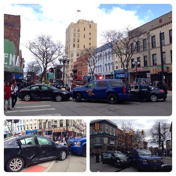 AnnarborET's tweet photo. High speed car chase ends in crashing into another car n state trooper. #annarbor Main Street and liberty shut down http://t.co/BoKHKag6g1