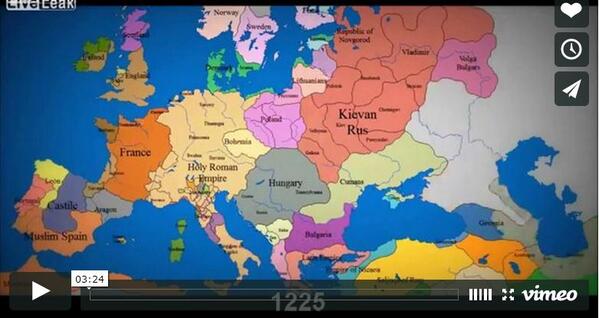 A time lapse of ~10 centuries of shifting European borders. Thanks <a href="/flowingdata/">Nathan Yau</a> youtube.com/watch?v=JO5VXX…
