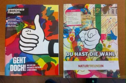PacificoGrafik's tweet image. happy to see @greenpeacemag has been inspired by our cover for @NaturFreunde from last year (right) #sameaudience