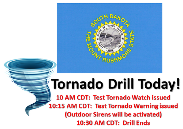 The statewide Tornado drill across South Dakota begins today at 10 AM CDT.  Put your plan to the test!  #sdwx