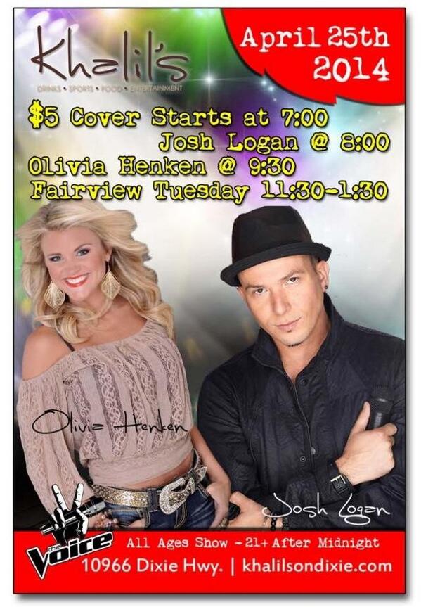 drummer65's tweet photo. Join @oliviahenken and @Josh_Logan at Kahlil's Friday night. Show starts at 8pm http://t.co/OF8D39kLXk