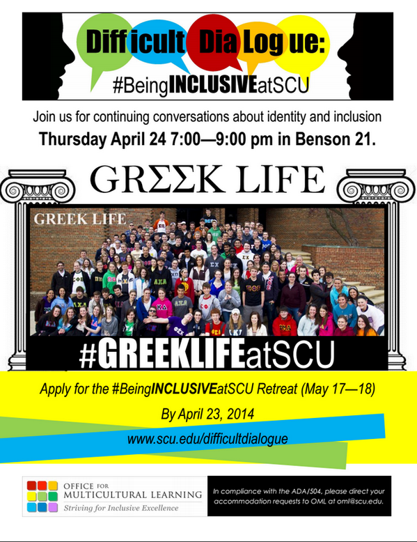 SCU_OML's tweet photo. Talking about #GREEKLIFEatSCU tomorrow night! Thursday April 24th in Benson 21, 7:00 - 9:00pm. http://t.co/BkQ9UEodaO