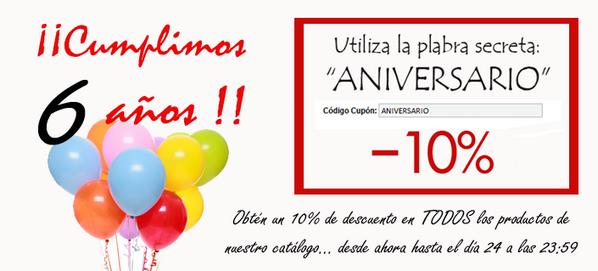Hacemos 6 años! Lo celebramos con una promoción irresistible: 10% de descuento en todos los productos del catálogo