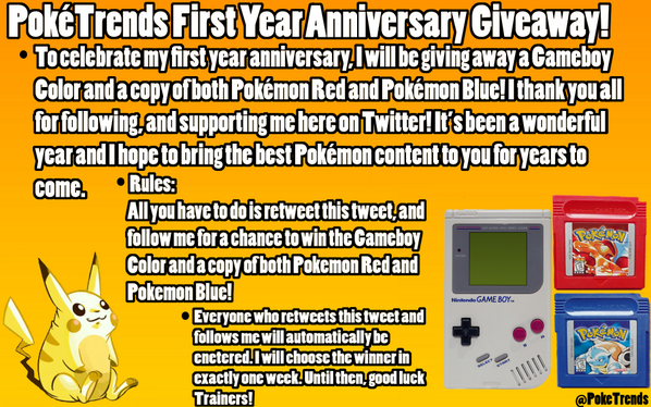 PokeTrends's tweet photo. GIVEAWAY TIME!
Just retweet this tweet, AND follow me for a chance to win a Game Boy Color and both Pokémon Red/Blue! http://t.co/td0vJqlsQA