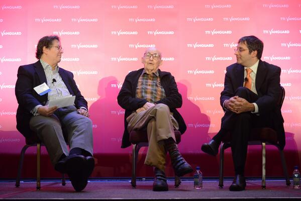 TTIVanguard's tweet photo. Fascinating discussion with Marvin Minsky @GaryMarcus and Doug Lenat on AI progress and robots. #BOTS14 http://t.co/Li2E8zE7Uc