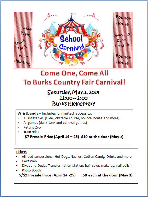 Join Us for the Burks Country Fair Carnival on May 3rd 11:00-2:00! Get your tickets and wristbands now!