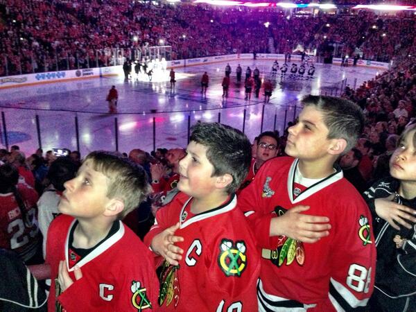 NHL's tweet image. Count on the national anthem to get @NHLBlackhawks fans fired up. Puck drops on Game 4 now. #StanleyCup