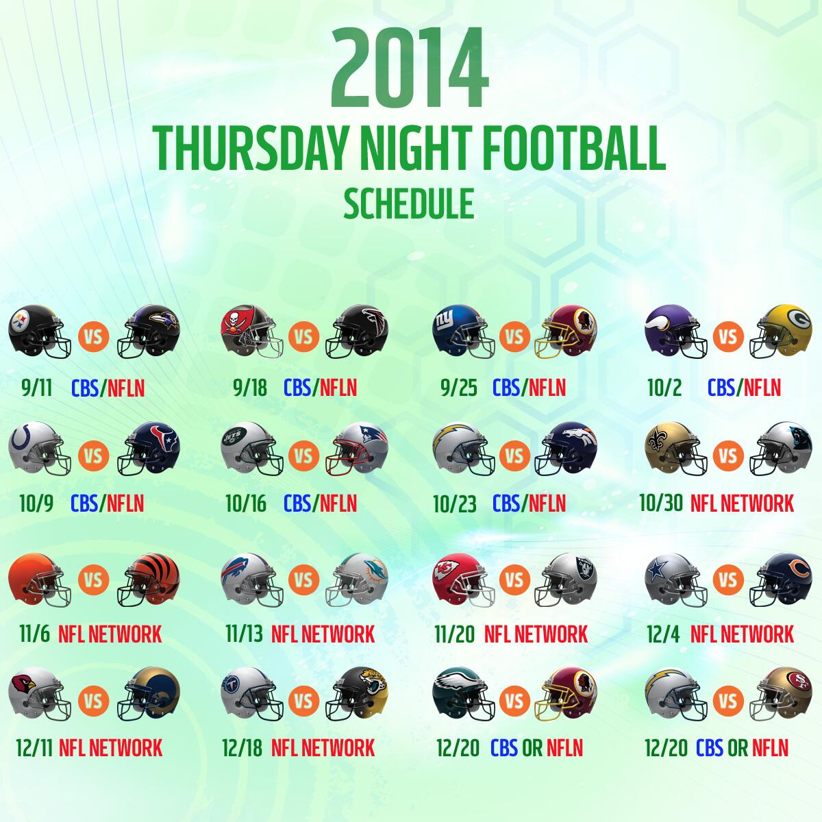 NFL Network on X: 'Football! Football! Football! The 2014 Thursday Night  Football schedule is HERE:  #NFLSchedule   / X