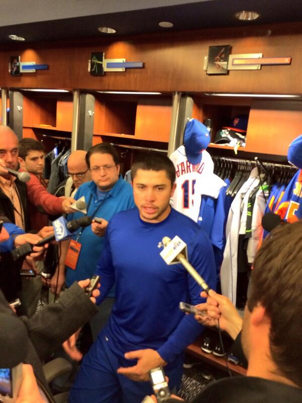 Mets's tweet image. After the game @TdArnaud walks the media through the game saving tag. He says his heart is still racing!