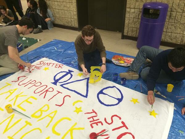 A couple young Phicassos working on a banner to support Take Back the Night #TBTN