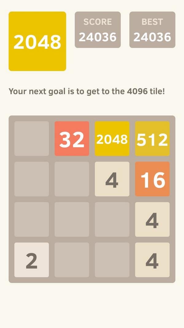 rioirwin's tweet photo. I got to the 2048 tile! @2048_game https://t.co/LdnLAM1hd5 http://t.co/MXg6fptolL