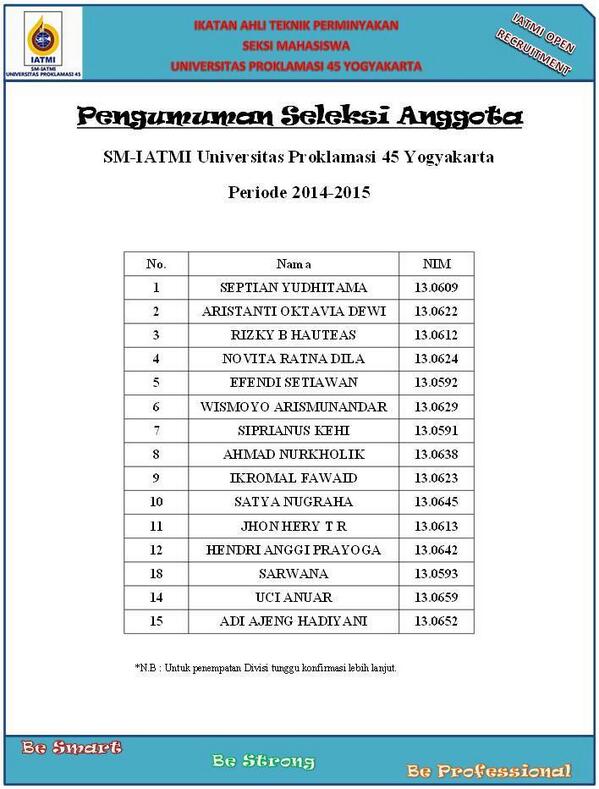 IATMI_SMUP45's tweet photo. Selamat dan sukses pada peserta yg lolos seleksi IATMI periode 2014-2015. Semoga dapat membuat perubahan.#iatmismup45 http://t.co/j3PJkpWKY9