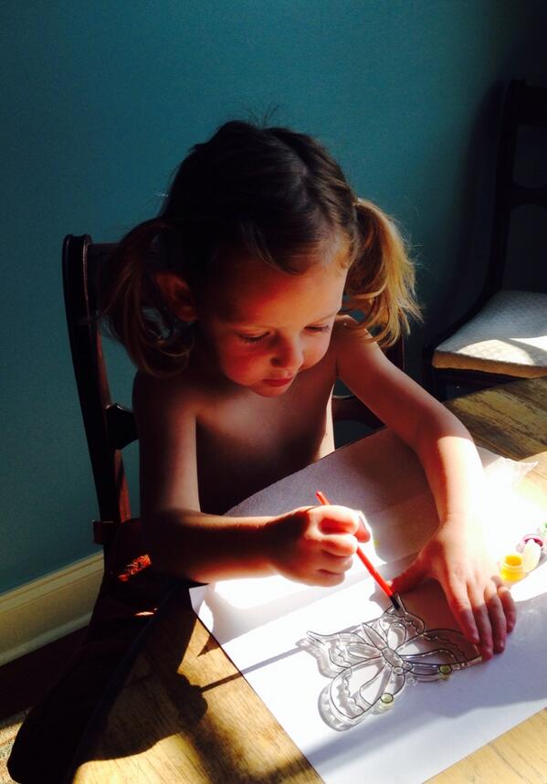 GAthreebambinos's tweet photo. Mary Mac painting her "stain glass" butterfly...shirtless, yoga pants, pig tails, and ballet slippers!:)) http://t.co/36wdyPriGb