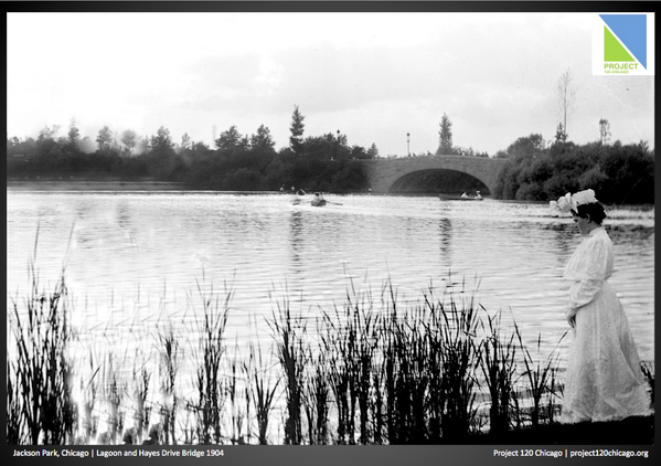p120chicago's tweet photo. 1904 - Enjoying a summer afternoon in Jackson Park, Chicago with lagoon and Hayes Drive Bridge in the background http://t.co/AmCjmTfB81