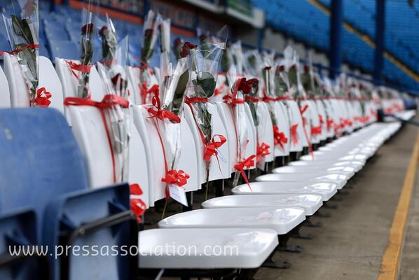 The42_ie's tweet photo. Sheffield Wednesday's tribute to Hillsborough victims today: 96 roses http://t.co/DEEqKEfj24 http://t.co/W8pxjkA4CH