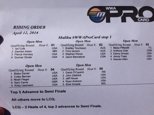 TheWWA's tweet photo. Riding order: @malibuboats #wwaprocard qualifying round http://t.co/HqBHw0Qg8V
