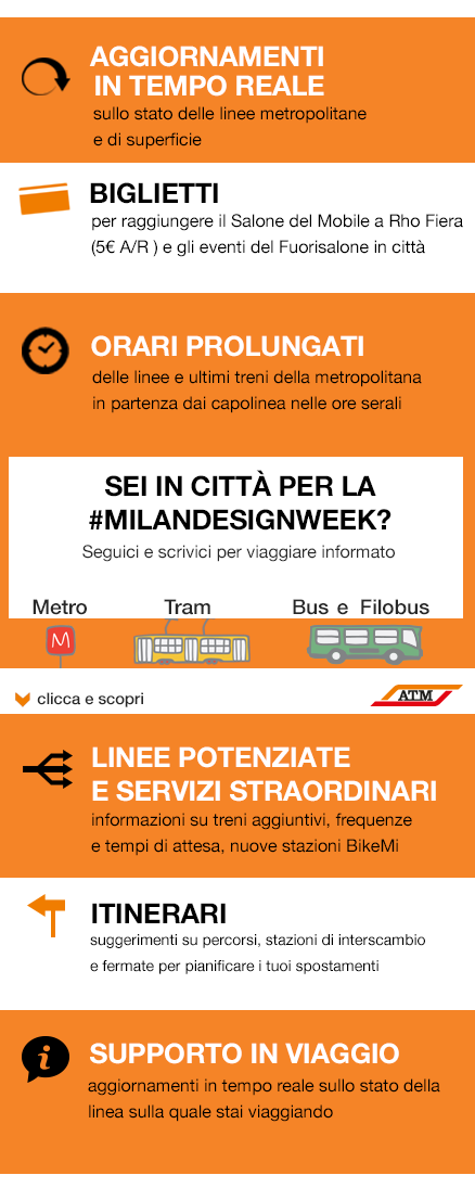 atm_informa's tweet image. Siete in giro per l'ultimo giorno di #fuorisalone e #SaloneDelMobile2014? Seguiteci e scoprite tutti i servizi #ATM: http://t.co/yE9fi1cnQd.
