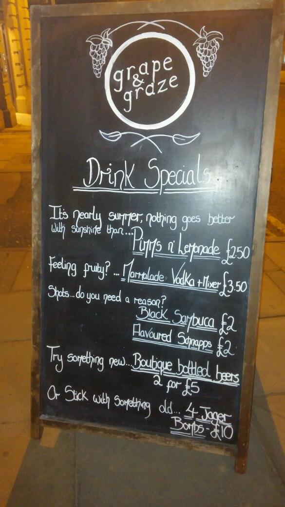 GrapeandGraze's tweet photo. Delicious drink offers on again tonight, and don't forget we also do 3 cocktails for £15... all day, every day! http://t.co/eD6QkQC8oE