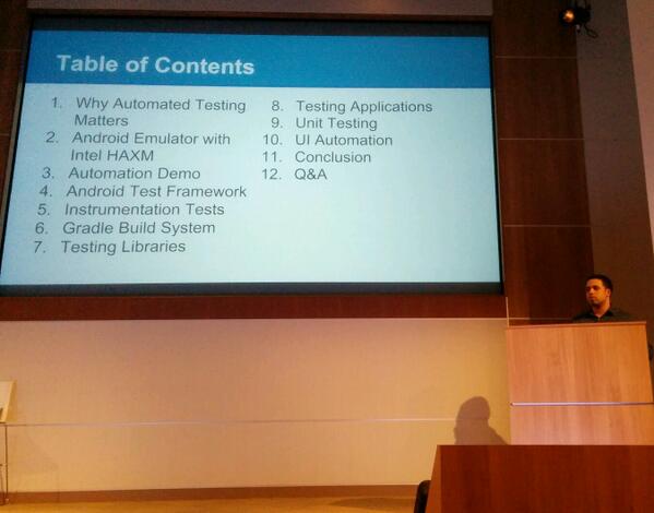 sasa's tweet image. Why, what, and how of #AndroidTesting by @mhernand40 at #BAAF hosted by #IntelAndroid