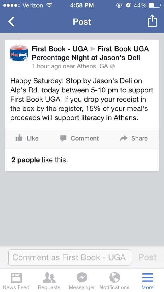 FirstBookUGA's tweet image. NOW! Eat Jason's Deli on Alps Rd. by 10 pm and your proceeds buy new books for kids. #uga @universityofga #Athens