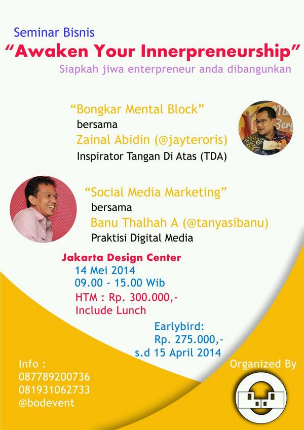 ngajibarengID's tweet image. 14MAY: Awakening Your Innerpreunership w/ @jayteroris &amp;amp; @tanyasibanu at JDC, cp: 081931062733 @bodevent