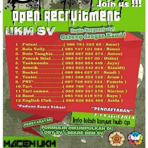 Yok pada daftar #OprecUKMSV, hari ini terakhir pendaftaran lho...
<a href="/bemkmsvugm/">BEM KM SV UGM</a> <a href="/BEMSVUGM_MINKAT/">MINKAT BEM KM SV UGM</a>