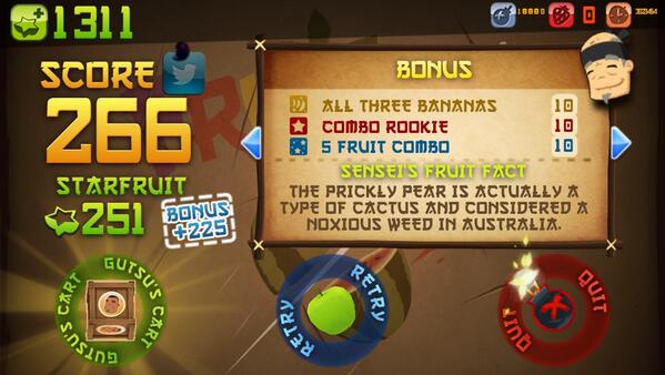 ProGradeDesign's tweet image. I scored 266 points in Fruit Ninja's Arcade Mode for iPhone! bit.ly/s28E3O
