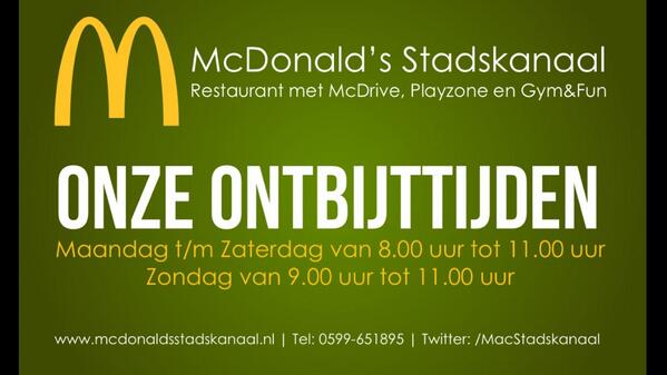 Rt &amp; volg,

Ook vandaag maak ik kans op een gratis ontbijt voor 2 <a href="/MacStadskanaal/">McDonaldsStadskanaal</a> 

Op zondag vanaf 9 uur geopend!