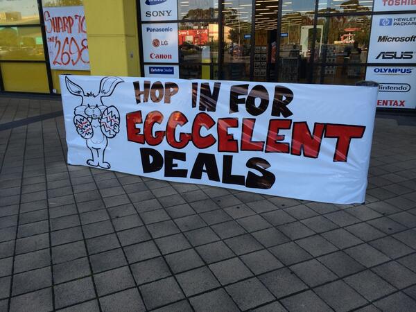 RyanG_JBaus's tweet photo. RT Eggstraordinary pun, never gets tired. @JessieR_JBaus: Hop in to @JBHiFi for some eggcelent deals this Easter! http://t.co/npRDJzhjdH