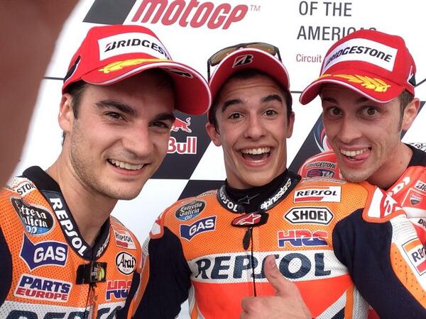 MotoGP's tweet photo. In case you missed first one here's another @marcmarquez93 @26_DaniPedrosa and @AndreaDovizioso podium #Selfie http://t.co/DKQqoy4HWO