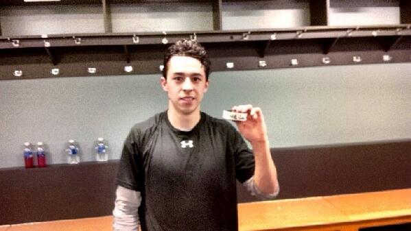 NHLFlames's tweet photo. .@johngaudreau03 with the puck from his 1st @NHL goal! We can hear Carneys Point cheering from #yvr! #CGYVAN http://t.co/IKe7asBvha