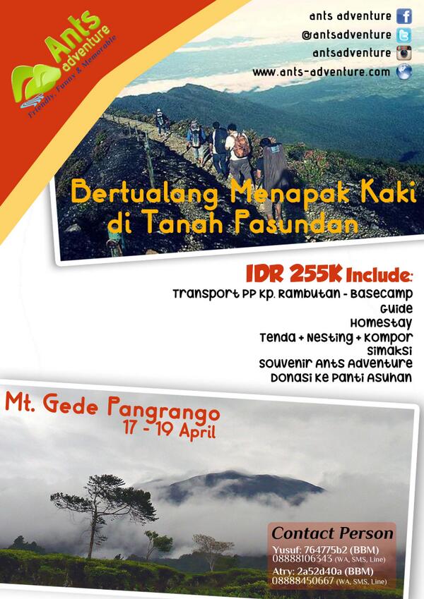 infopendaki's tweet photo. RT @AntsAdventure: Nanjak Gede Pangrango | IDR 255k | 17-19 Aprl | Mp. Kp Rmbtn | Info Yusuf: +628888106343 (WA) http://t.co/P3bxcudRch