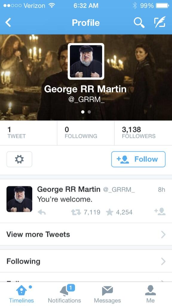 franklucianoIII's tweet image. George RR Martin joins Twitter and tweets only two words.  Amazing. #GoT