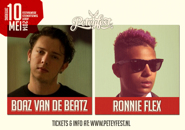 Peteyfest's tweet photo. Boaz van de Beatz en Ronnie Flex komen naar Peteyfest 2014! http://t.co/yAnWdaYC58 @boazvandebeatz @RonnieFlex2907 http://t.co/wPKjZpn03Q
