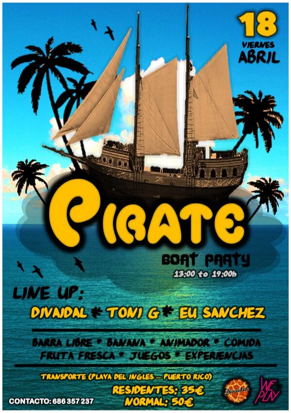 ElephantCanaria's tweet photo. ¡Fiesta en Barco! Puerto Rico, GRAN CANARIA. #Universitarios #PirateBoat #Dj #Divaidal #ToniG #EuSanchez http://t.co/yLklrq7EXk