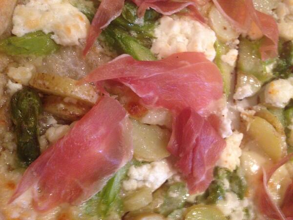 ProvPizza's tweet photo. #happymonday #special #pizza  asparagus, fingerling potatoes, goat cheese, mozzarella and prosciutto. #pvd #coalfire http://t.co/F8i11elY2D