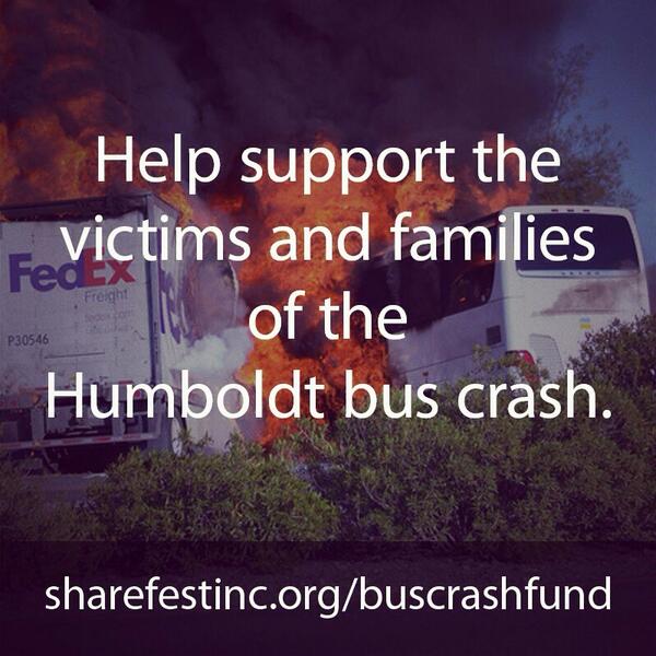 JoeBuscaino's tweet photo. Help support the victims of the #Humboldt #buscrash donate at: http://t.co/5zcFtSyvga #buscrashfund http://t.co/LAB8ikrtJu