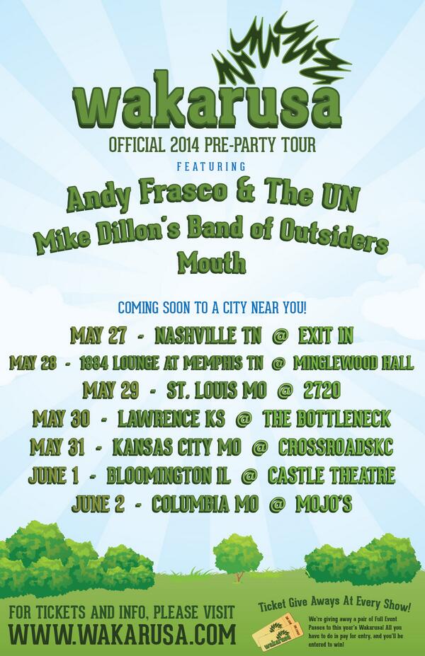 wakarusafest's tweet image. Announcing the #WAKA2014 Official Pre-Party Tour w/ @andyfrasco @MikeDillonBand &amp;amp; @bandcalledmouth