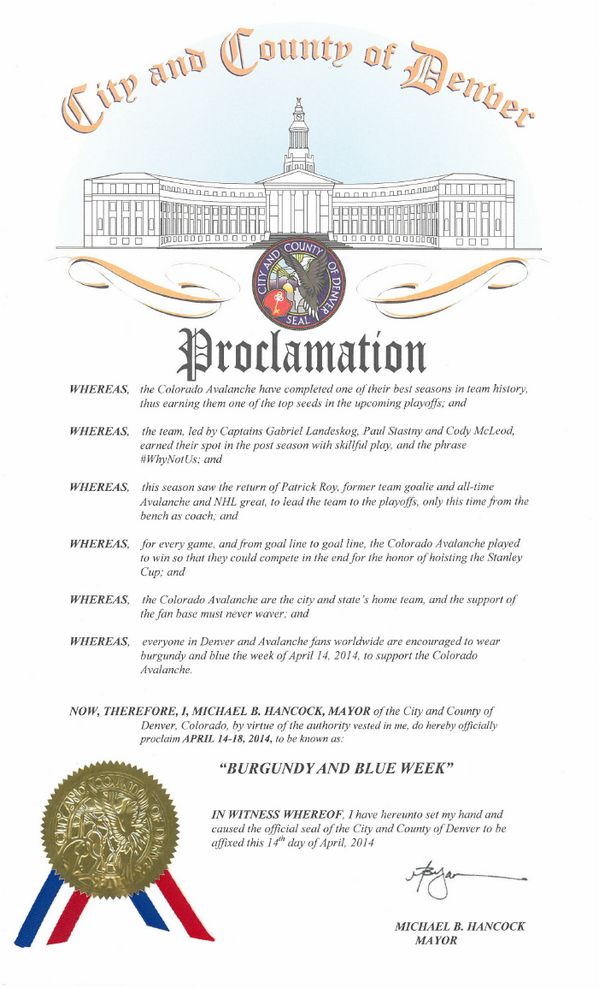 MayorHancock's tweet photo. Time to really show that spirit #Denver! "Burgundy &amp; Blue Week" to support the playoff bound @Avalanche! #WhyNotUs http://t.co/5WW4vjQ1ku