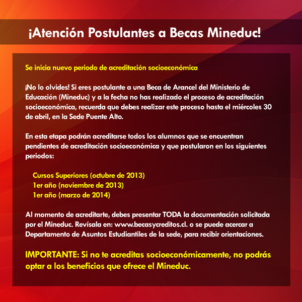 A todos los postulantes a Becas Mineduc. Se inicia nuevo proceso de acreditación socioeconómica. Ver imagen.