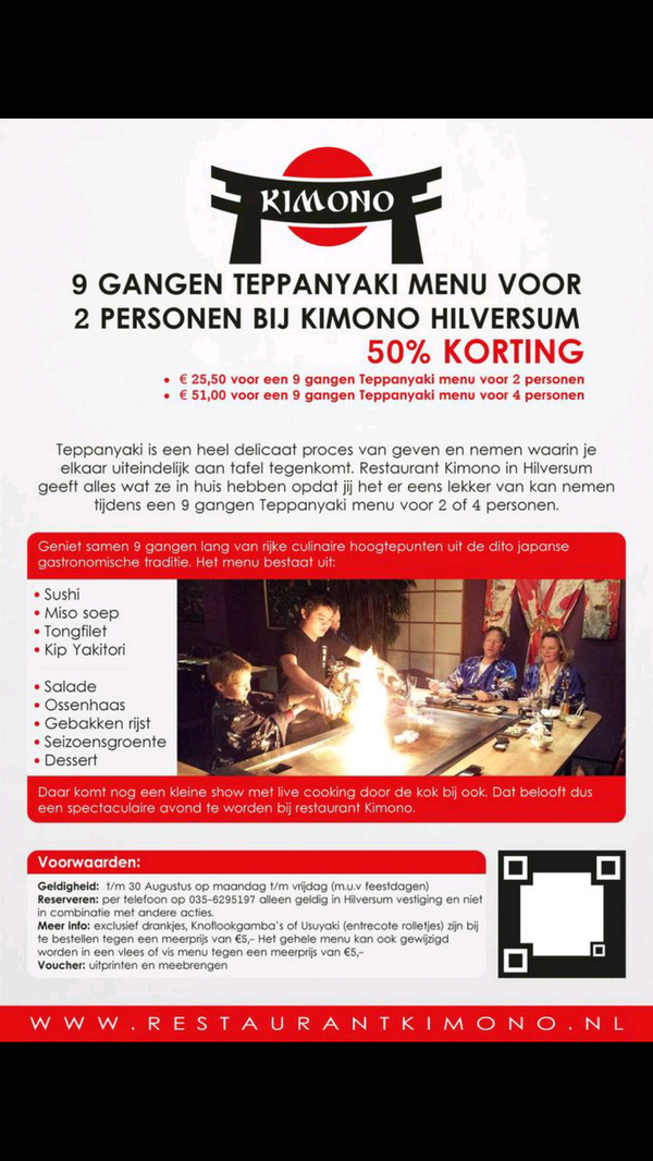 Lekker <a href="/kimonohilversum/">Restaurant Kimono</a> een teppanyaki menu van 9 gangen v.a. € 12,75 p.p.