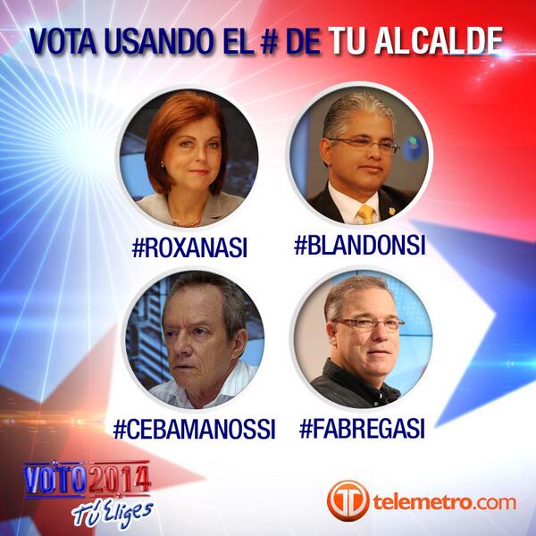TReporta's tweet photo. Vota por tu candidato a alcalde con su hashtag: #Roxanasi #BlandonSi #cebamanossi #FabregaSi http://t.co/7Oj0YvRXd1